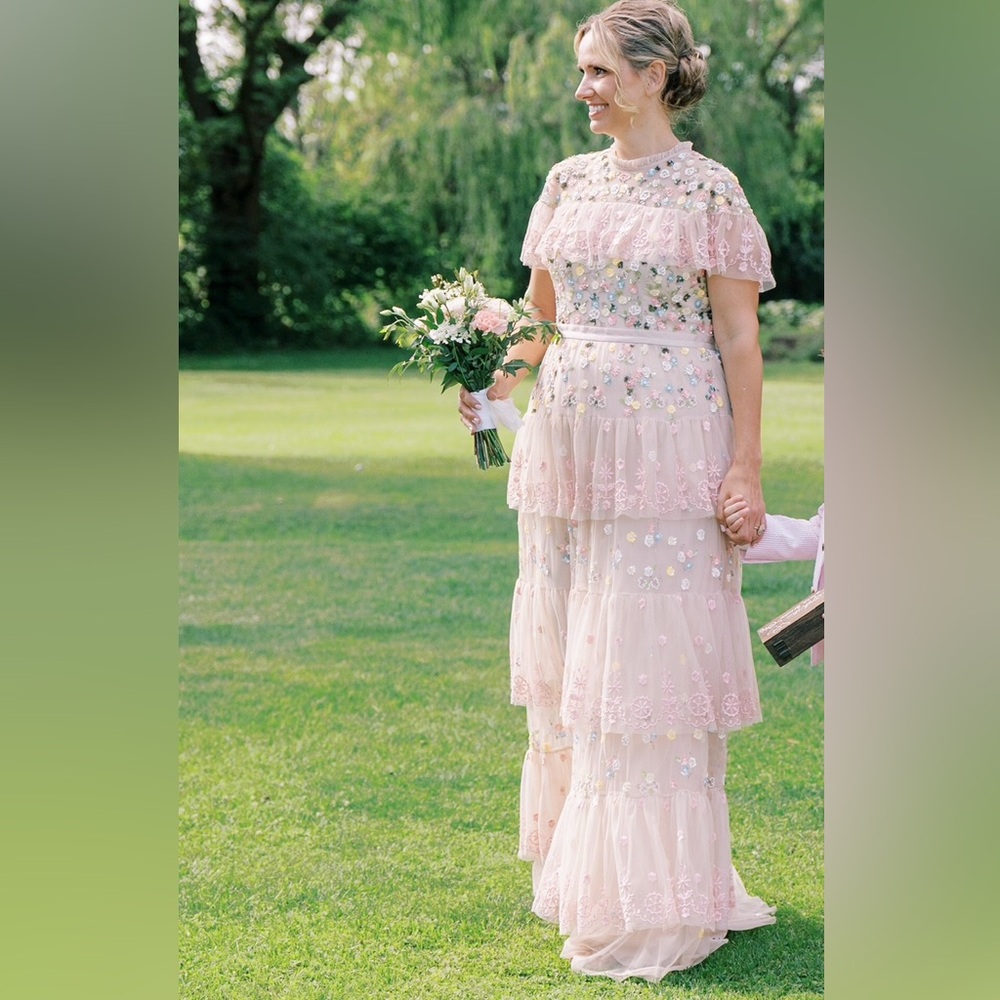 Needle & Thread pink floral sequin ruffle maxi dress
